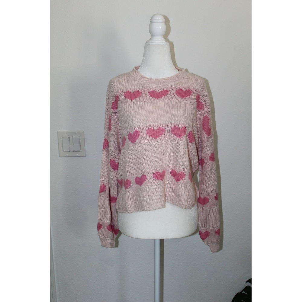 Jessica Simpson Women's Pink Heart Knit Love Pullover Sweater Crew Neck Size S